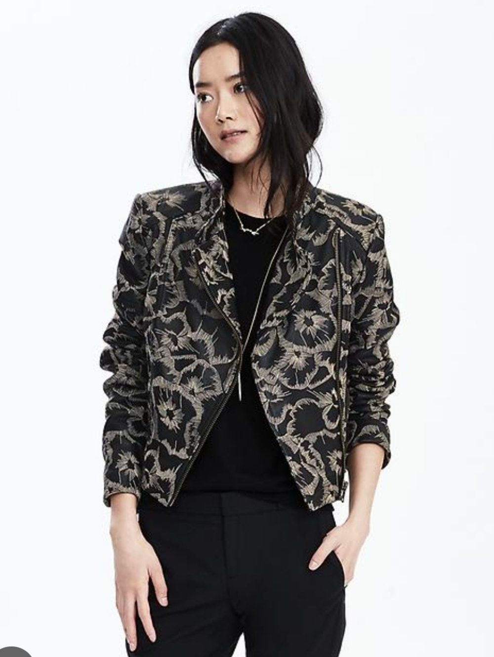 BANANA REPUBLIC | Women's Blk/Cream Limited Edition Floral Leather Moto Jacket